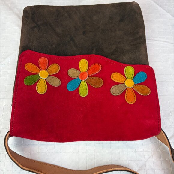 Puro Cuero brown and red suede messenger / crossbody bag with floral appliques - Picture 10 of 16